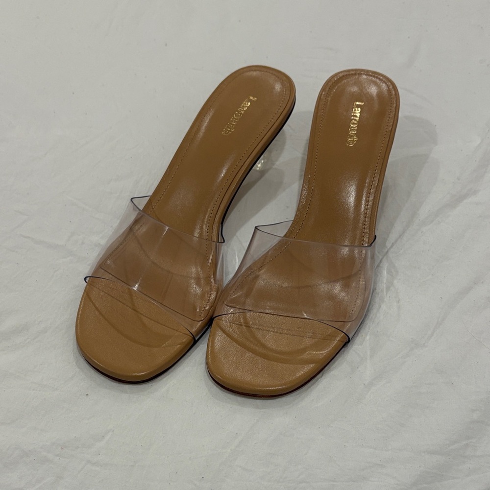 Larroude Clear-Strap Mule Sandals in Tan